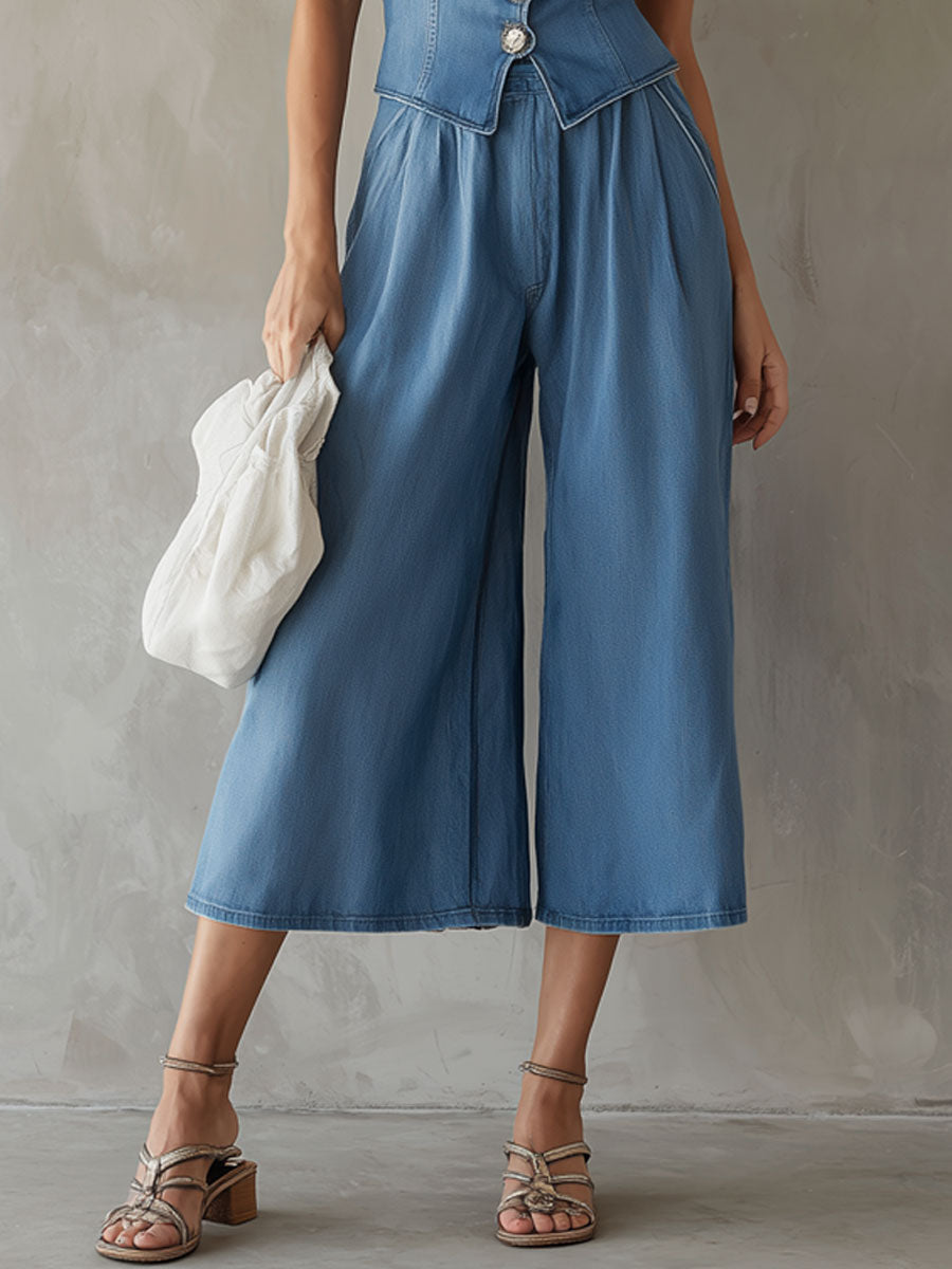 Casual Vacation Retro Blue Denim Vest And Wide-leg Cropped Pants Set