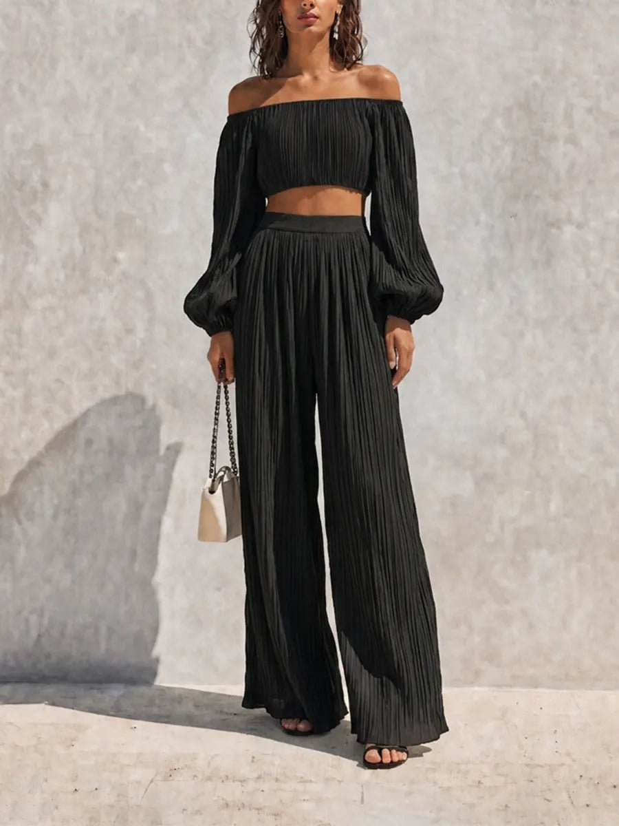 Women's Vacation Style Black Pleated Off Shoulder Puff Long Sleeve Cropped Top Wide Leg Pants Set MDZ0605G8Q
