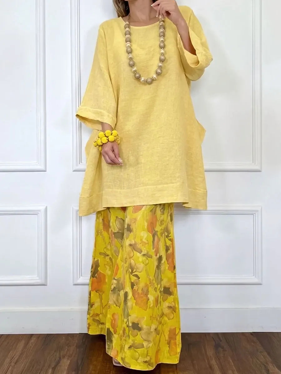 Flower Print Contrast Color Wide Leg Loose Trousers Pants