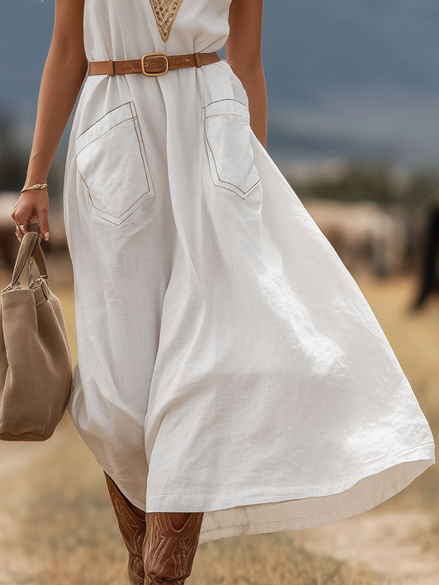 Retro Boho V-neck Double Pocket Sleeveless Midi Dress
