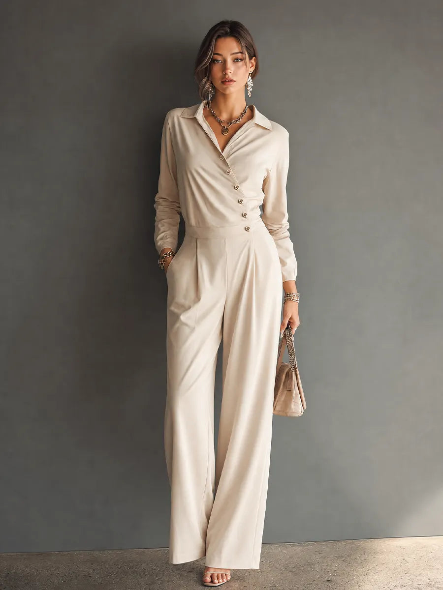 Women's Minimalist Workwear Style Apricot Cotton Blend Lapel Asymmetric Button Long Sleeve High Waist Wide Leg Long Jumpsuit MDZ0746G2GMJ