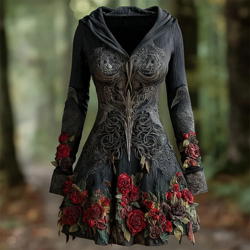 Halloween Dark Rose Art Women's Hooded Mini Dress