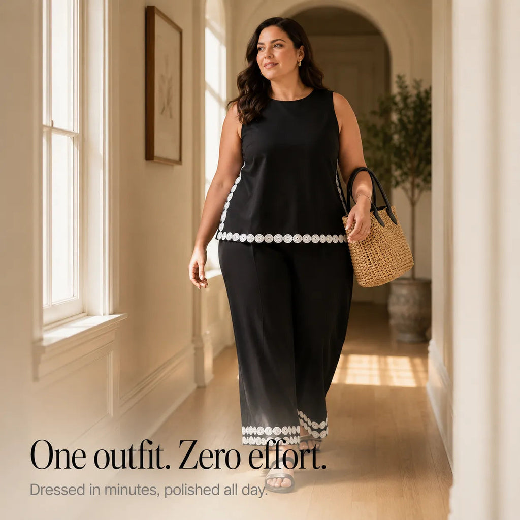 Marovée – Sleeveless Top & Wide Leg Pants Set with Crochet-like Trim Details