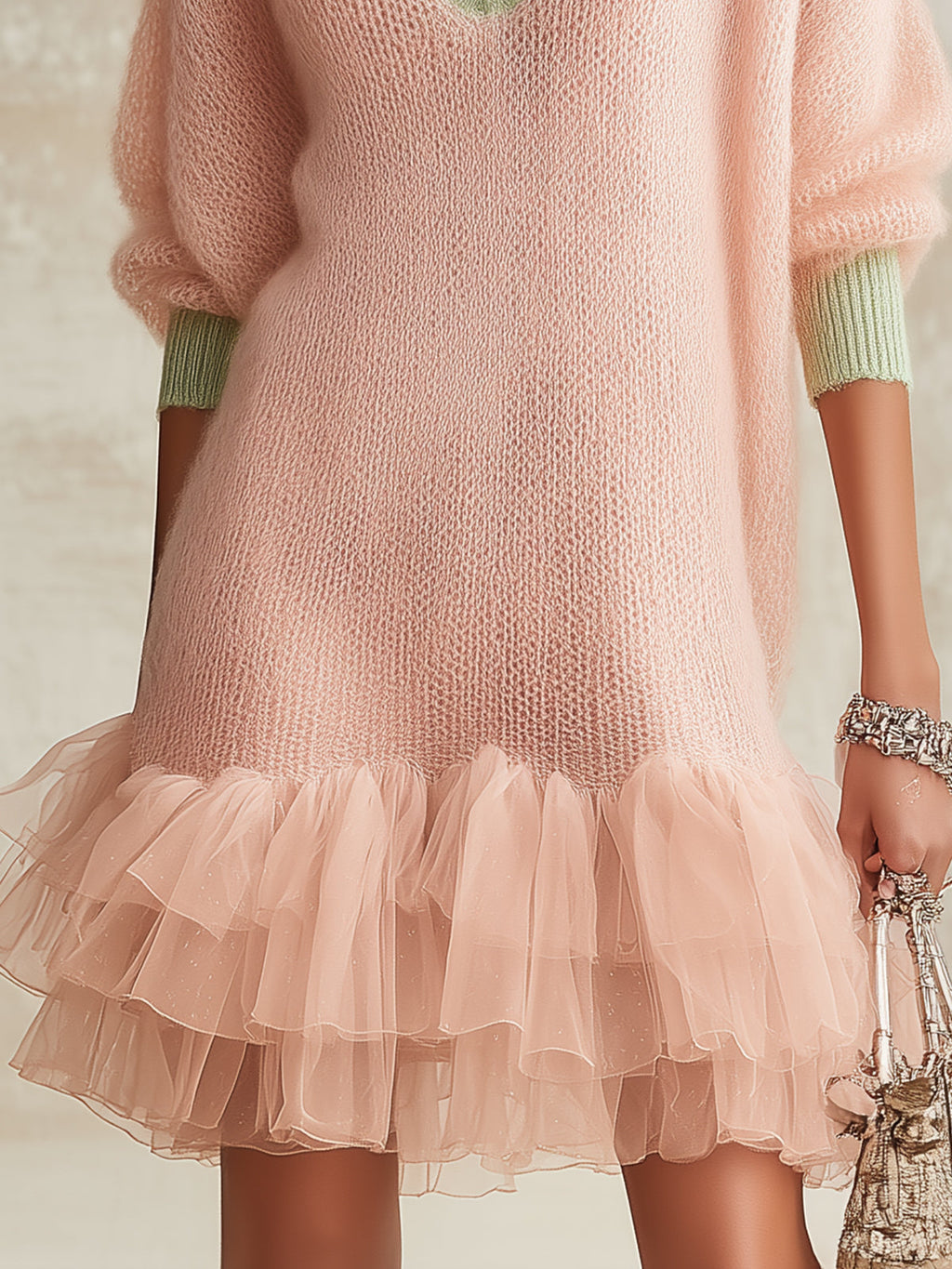 Pink Knit Mini Dress With Green Trim And Layered Tulle Hem