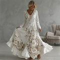 Women's Vintage Boho White Floral Lace Art Flowy Maxi Dress