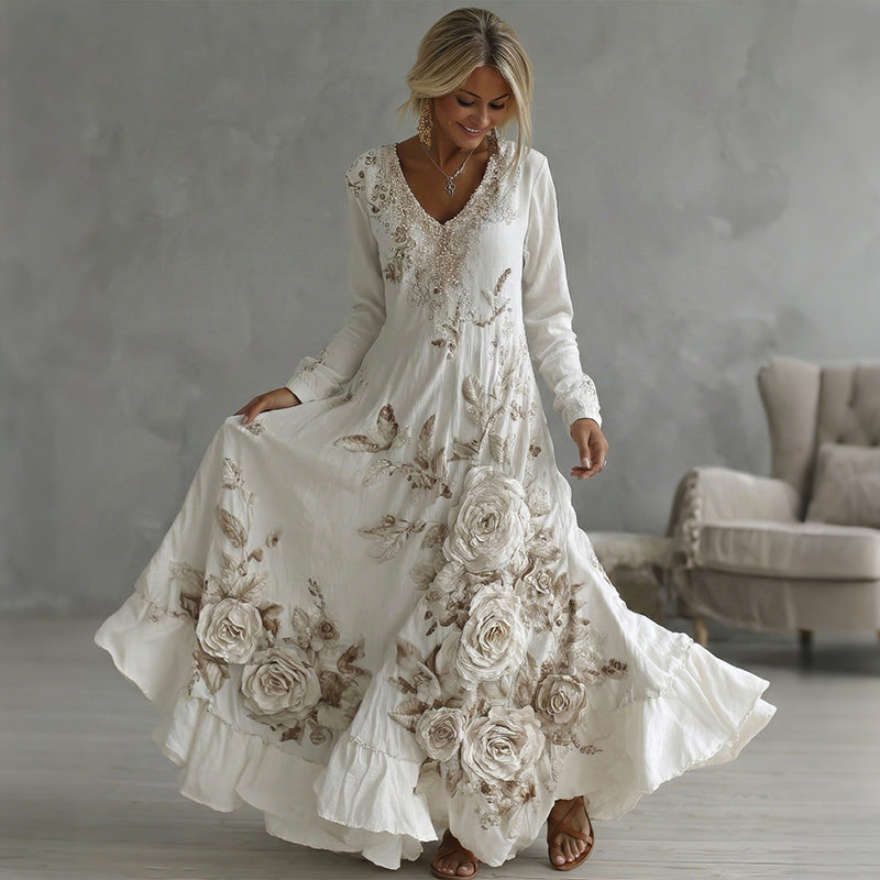 Women's Vintage Boho White Floral Lace Art Flowy Maxi Dress