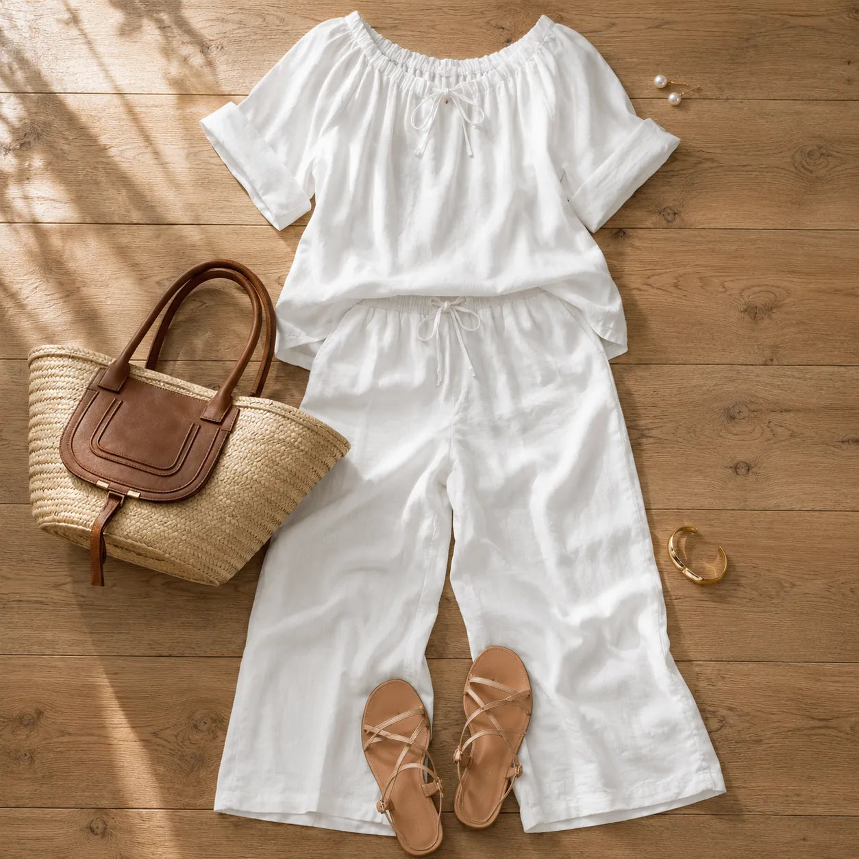 Soléne – Off-Shoulder Drawstring Top & Wide-Leg Pants 2-Piece Set