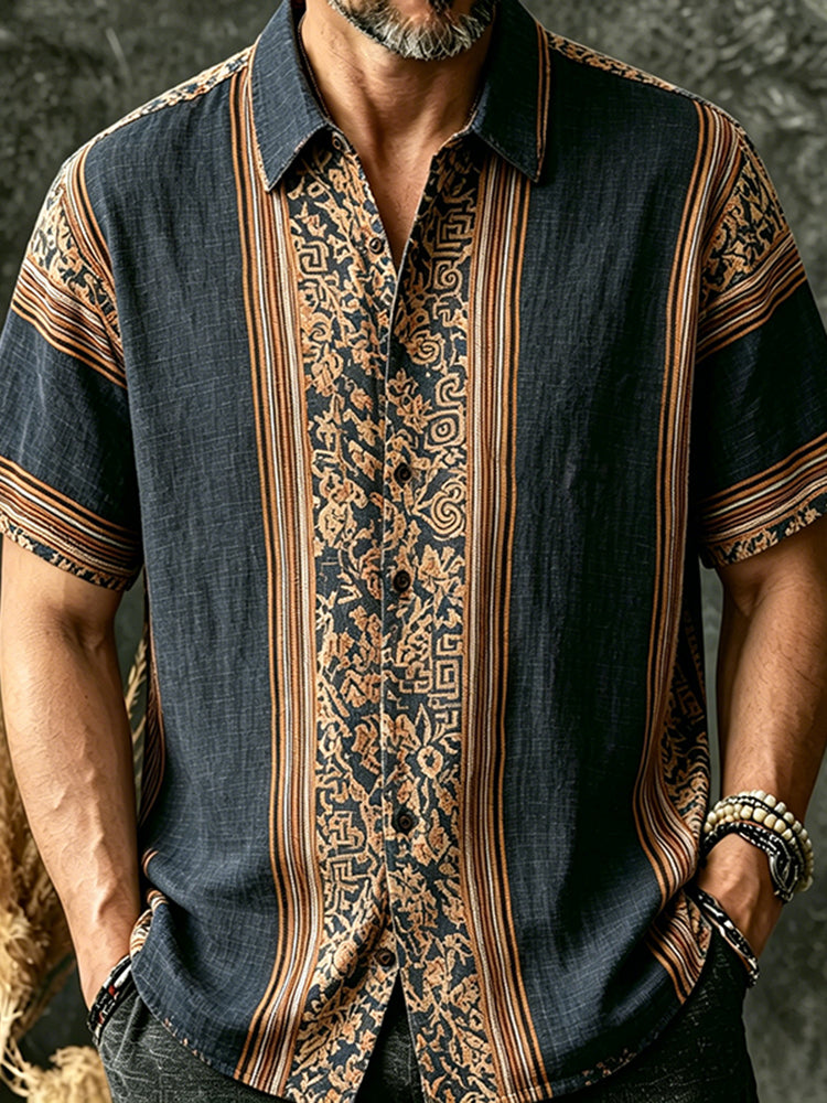 Men's Retro Floral Striped Pattern Cotton Linen Casual Shirt