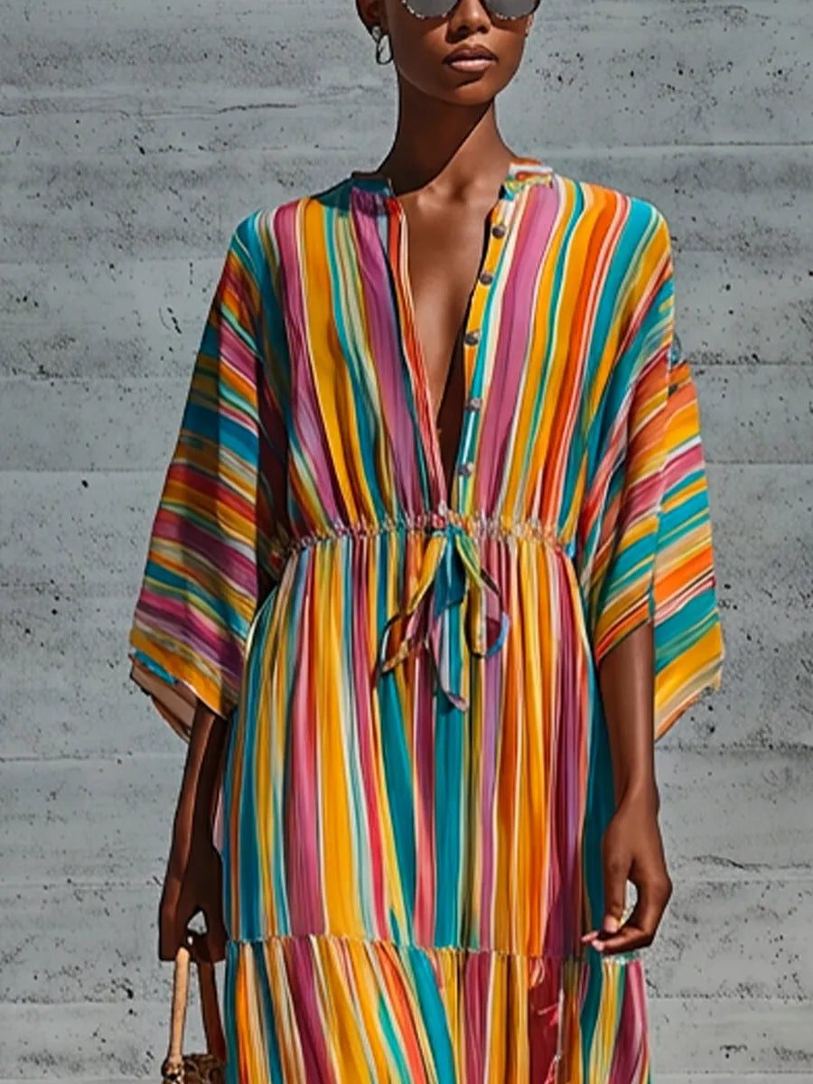 Women’s Rainbow Vertical Stripe Chiffon Stand Collar Half Button Kimono Sleeve Drawstring Waist Tiered Ruffle Maxi Dress MDZ0757G3YZJ