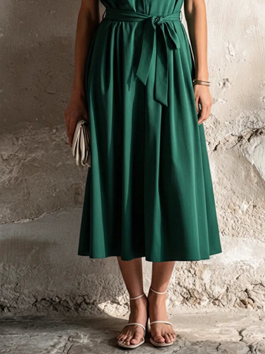 Women's Retro Office Style Dark Green Cotton Blend Lapel Sleeveless Waist Tie Fake Two-Piece Midi Dress MDZ3089F1GMJ