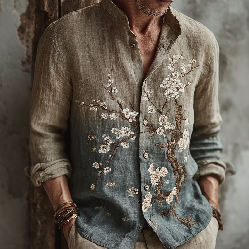Men's Japanese-style Cherry Blossom Gradient Art Casual Shirt