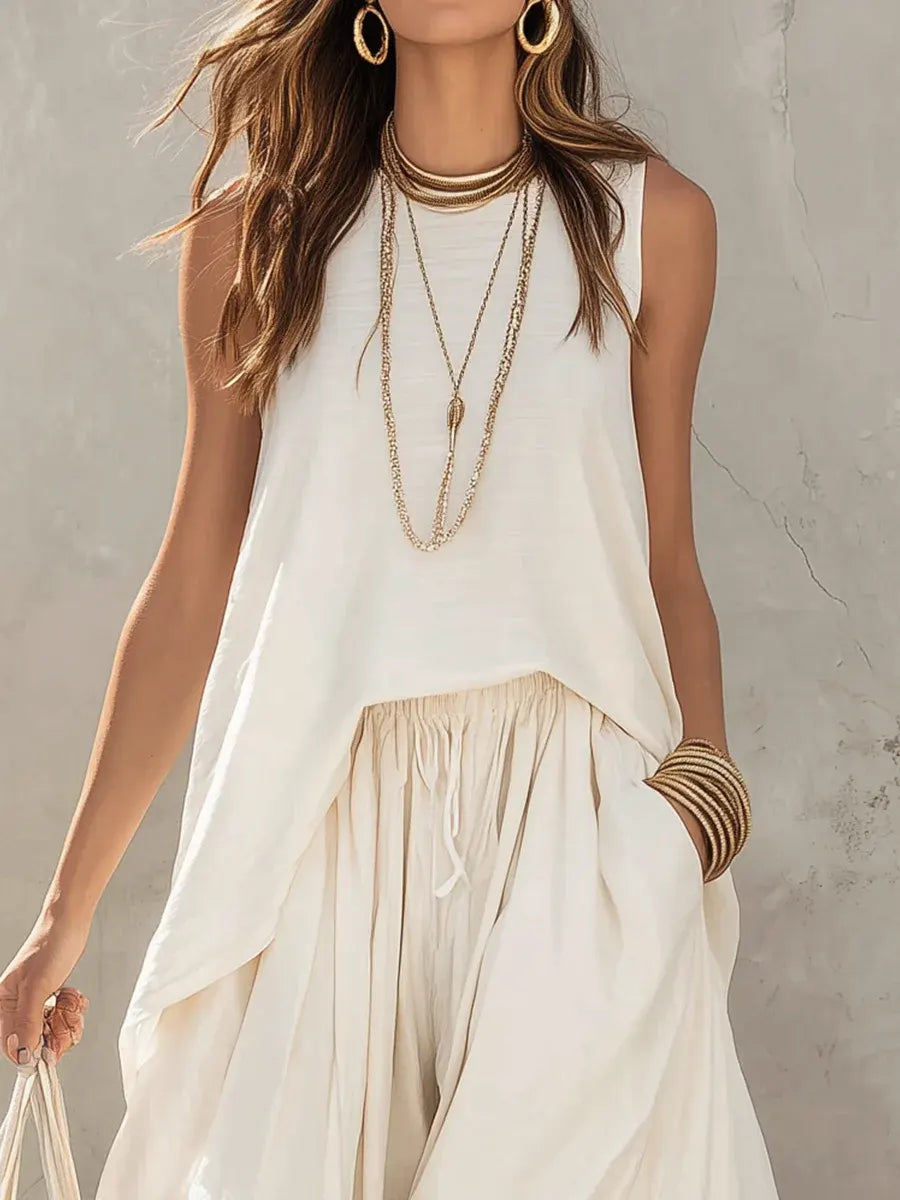 Women's Chic Casual Stylish Cotton Linen Top & Maxi Pants Set