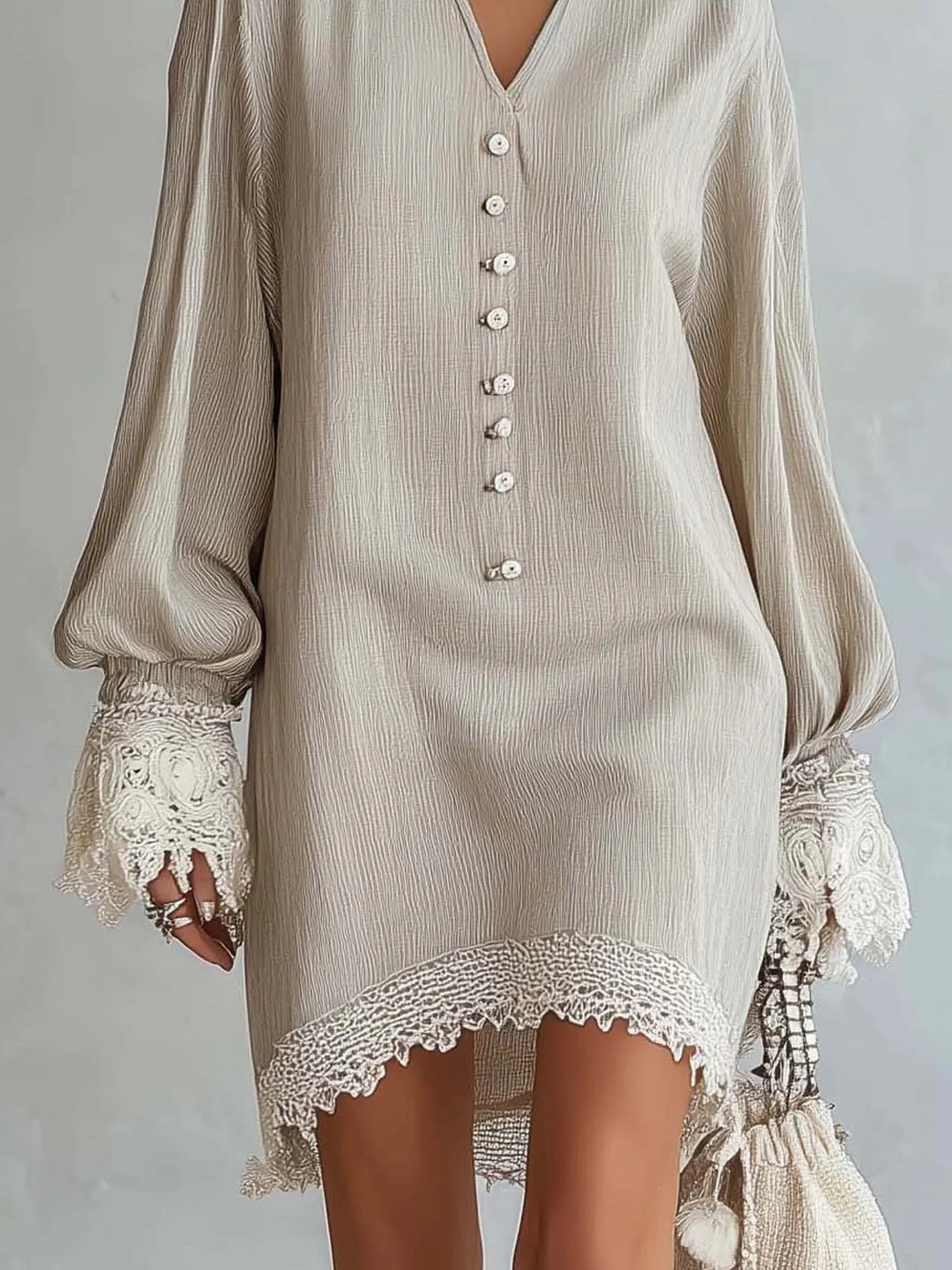 Apricot Button Front Midi Dress With Lace Patchwork Cuffs And Hem