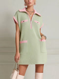 Green Colorblock Zip-Front Knit Mini Dress