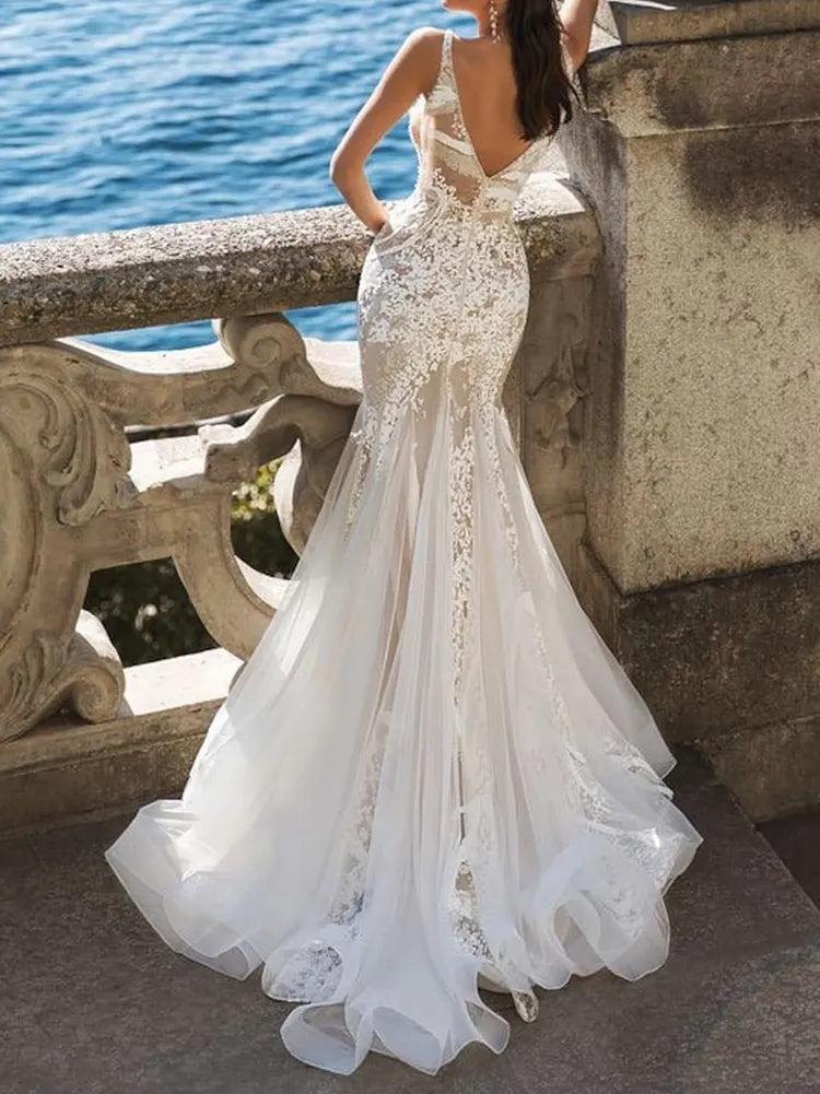 Spaghetti-Neck Deep V-Neck See-Through Backless Wedding Mermaid Maxi Dress