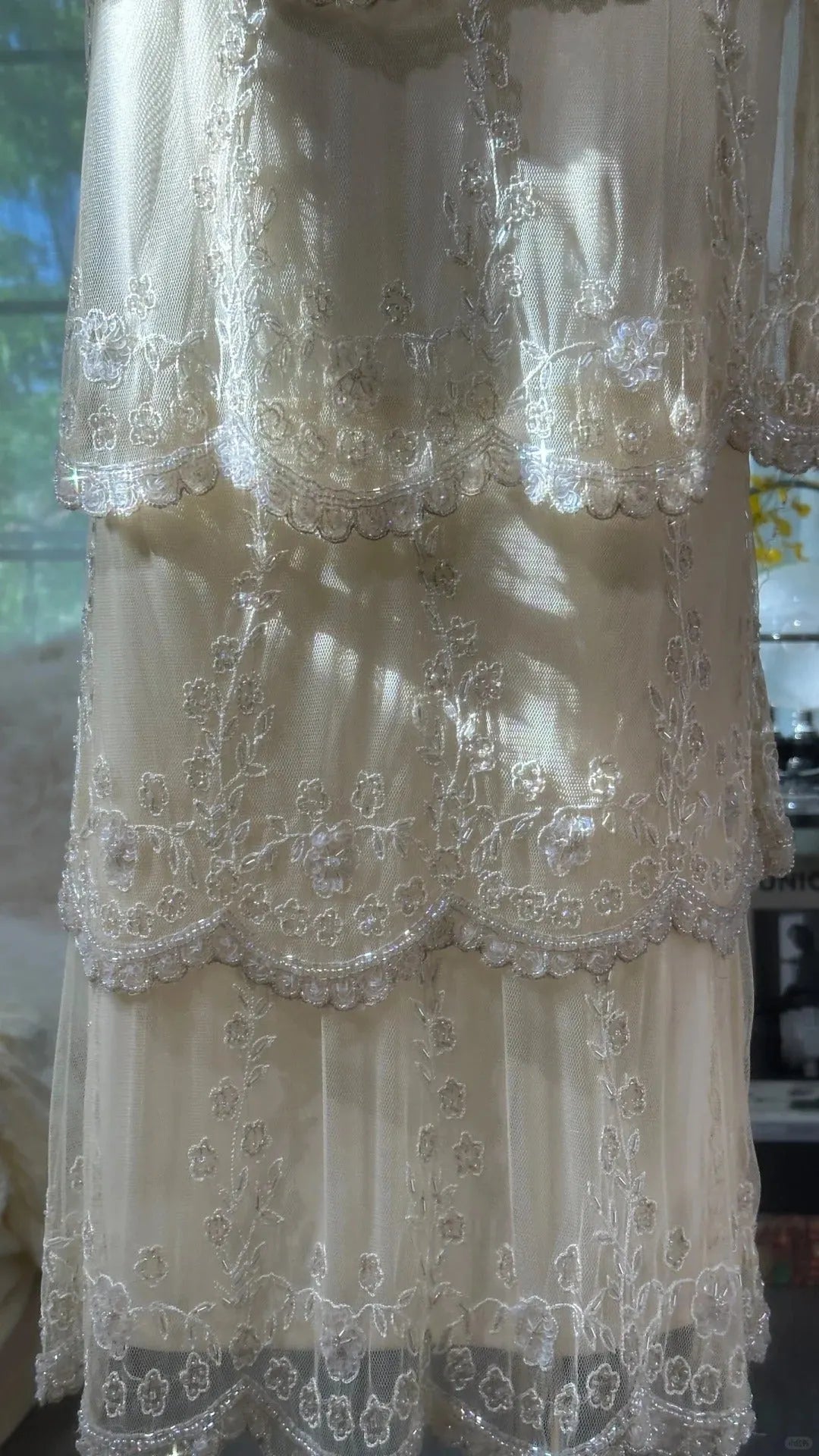 Cream Yellow V Neck Exquisite Beaded Lace Long Chiffon Tulle Ball Gown Evening Gown Wedding Party Gown Prom Gown Graduation Date Gown