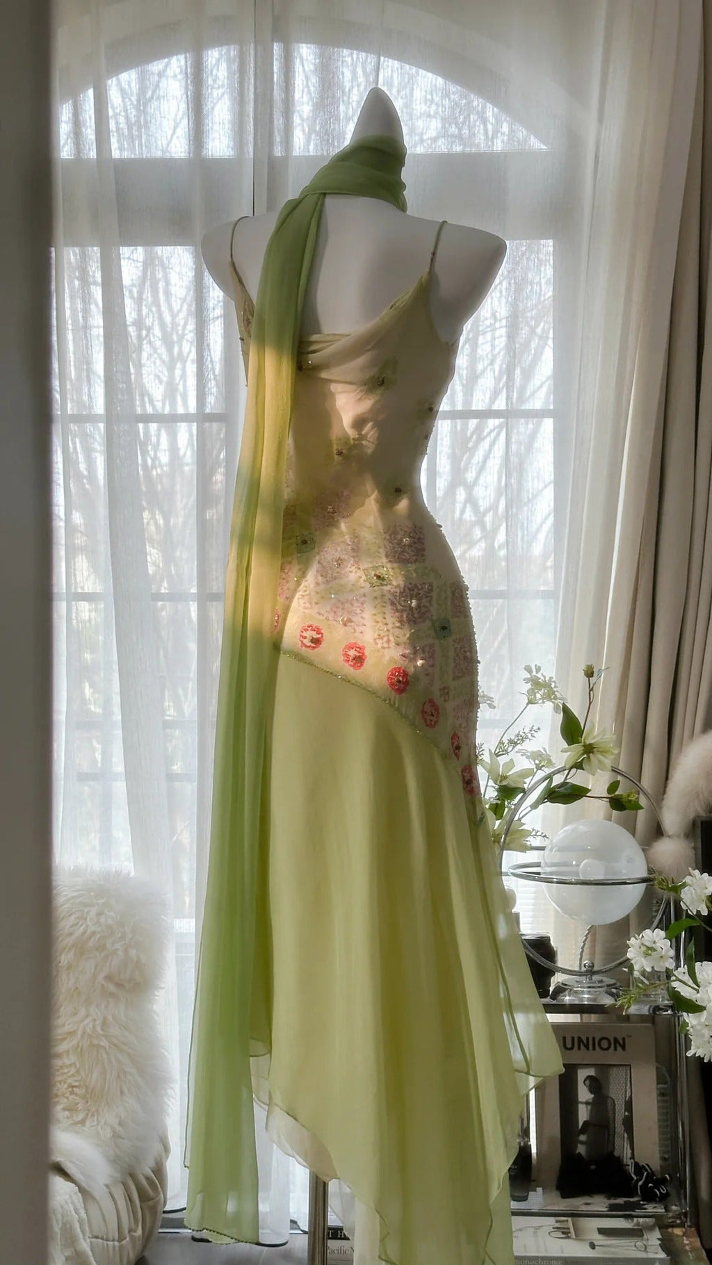 Green Elegant Romantic Delicate Floral Beading Spaetti Strap Long Chiffon Homecoming Ball Gown Evening Dress Birthday/Wedding Guest/Holiday Party Dress Prom Dress 4024