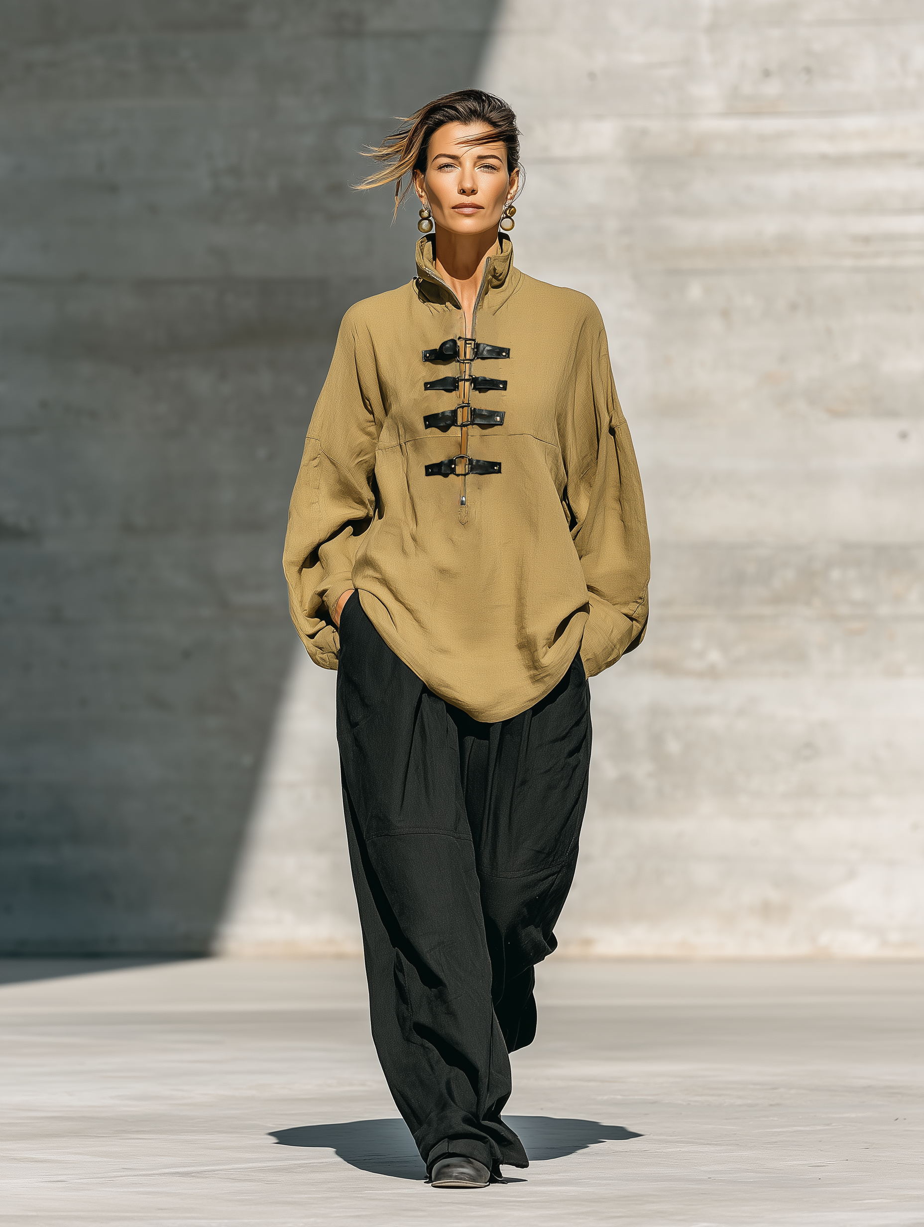 Women's Khaki Cotton-Linen Blend Stand Collar Half Zip Leather Buckle Strap Long Sleeve Loose Top Black Relaxed Wide Leg Pocket Pants Two Piece Set MDZ2775G5YZJ