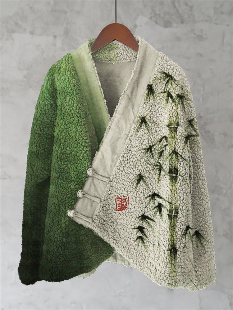 Bamboo Japanese Art Contrast Color Cozy Fleece Kimono Cardigan