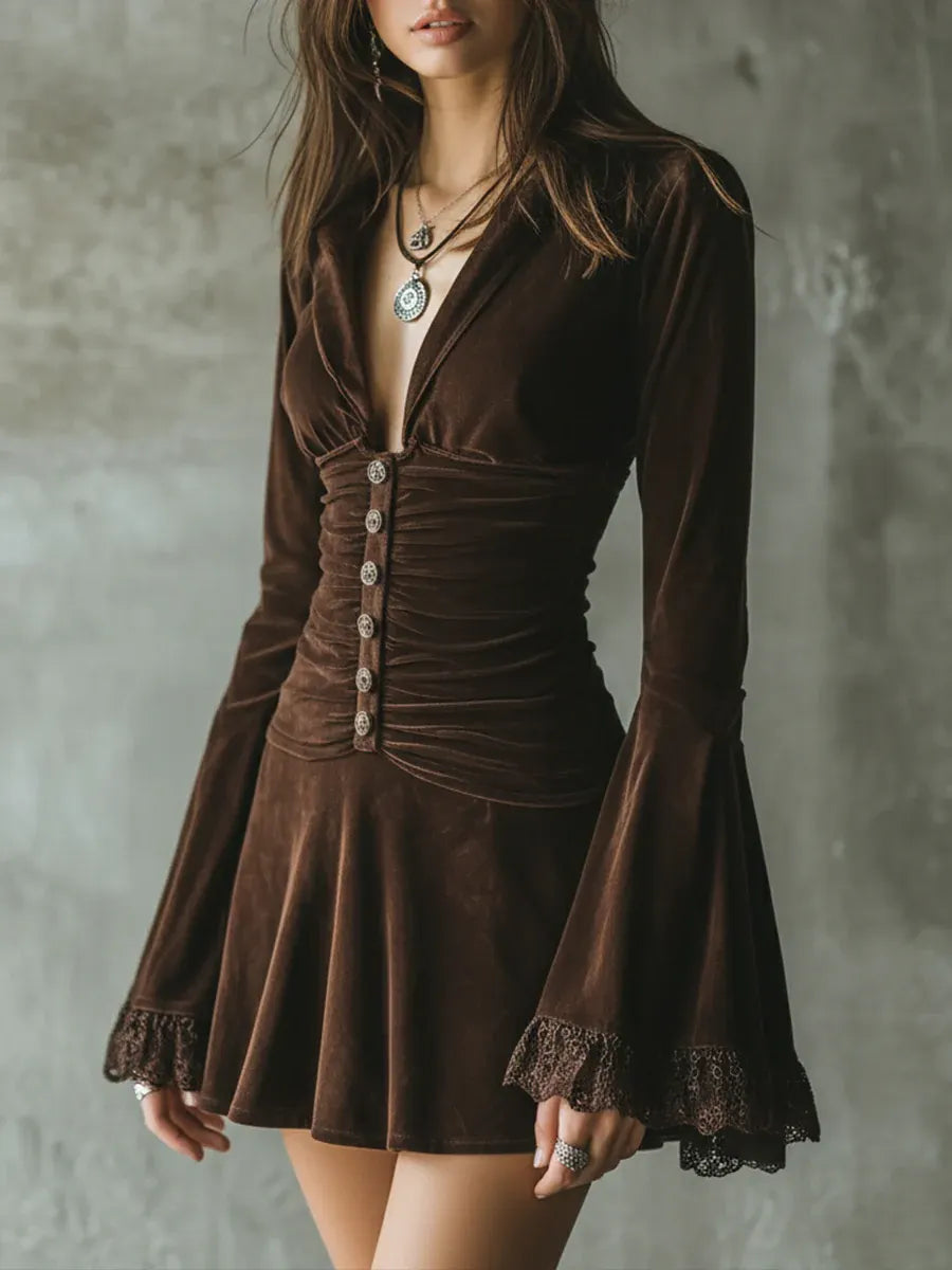 Dark Brown Velvet Button-down Lace Bell Sleeve Pleated Mini Dress
