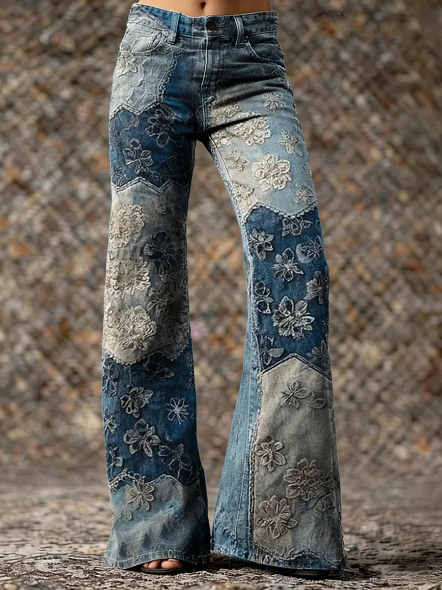 Ethnicity Texture Patchwork Flowers Women's Print Casual Wide Leg Pants