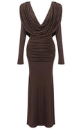 Long Sleeve Draped Maxi Dress Brown
