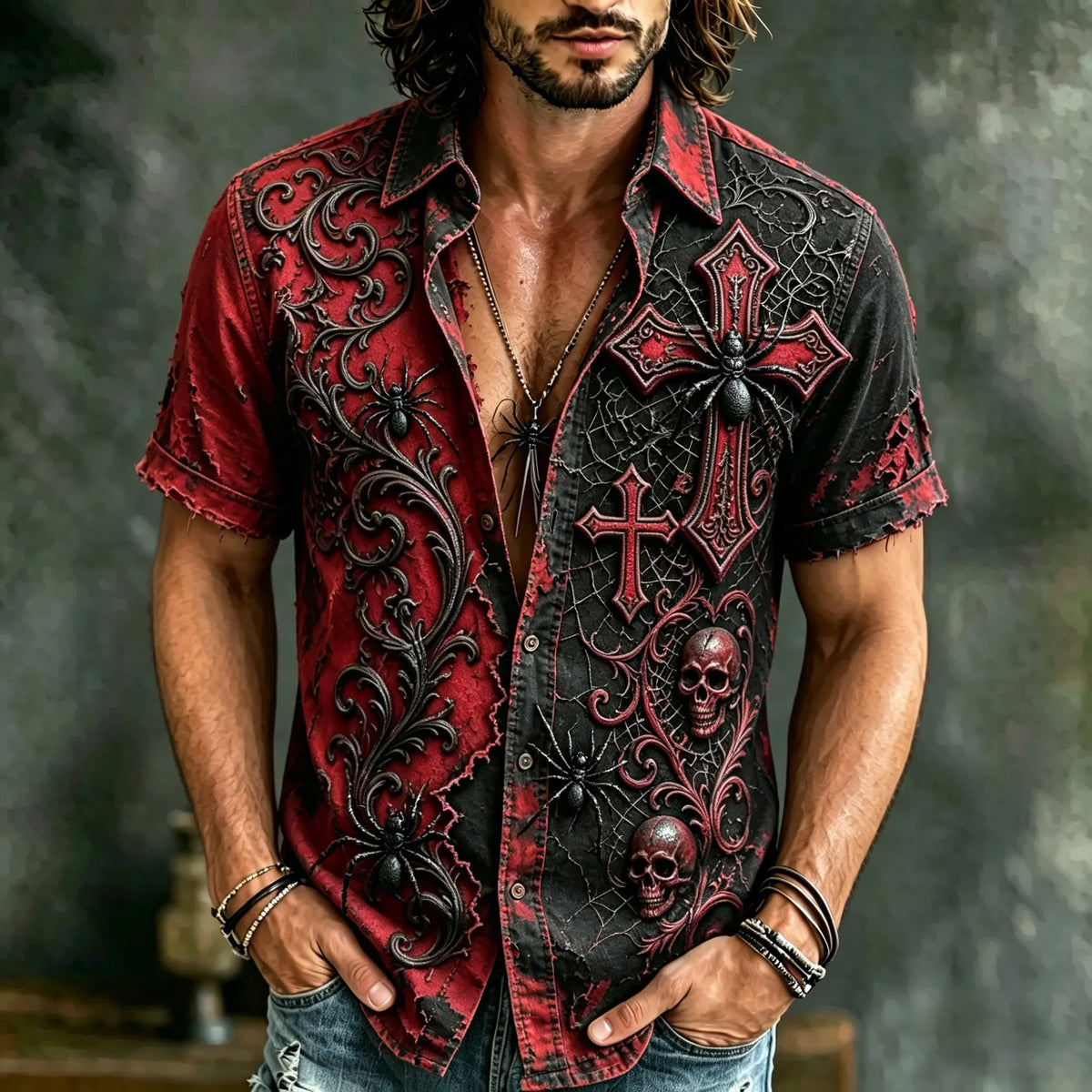 Men's Retro Halloween Spider Cross Print Cotton Linen Shirt