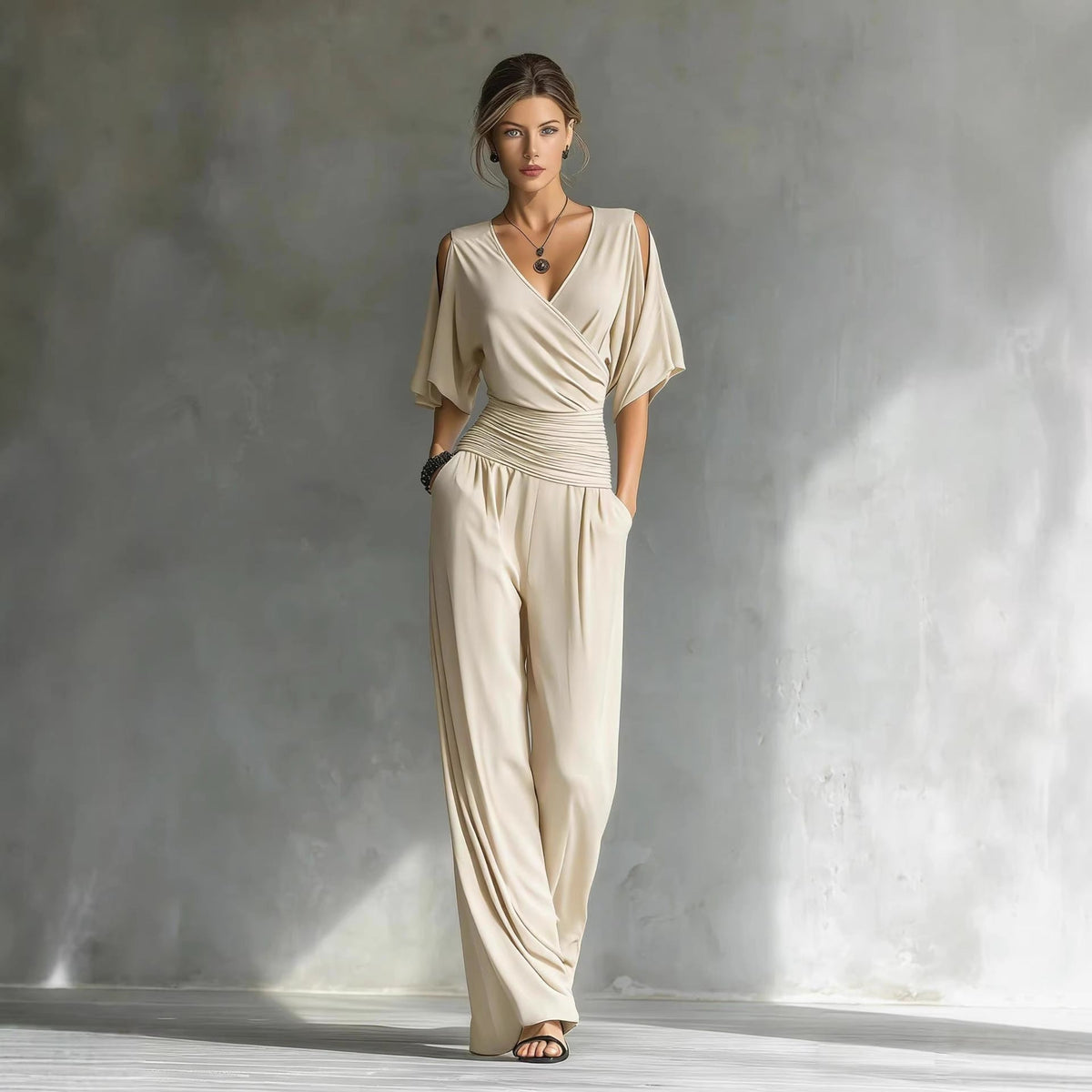 French Chic Wrap V-Neck Jumpsuit - Elegant Ruched Waist Wide-Leg Romper with Shoulder Cut-outs