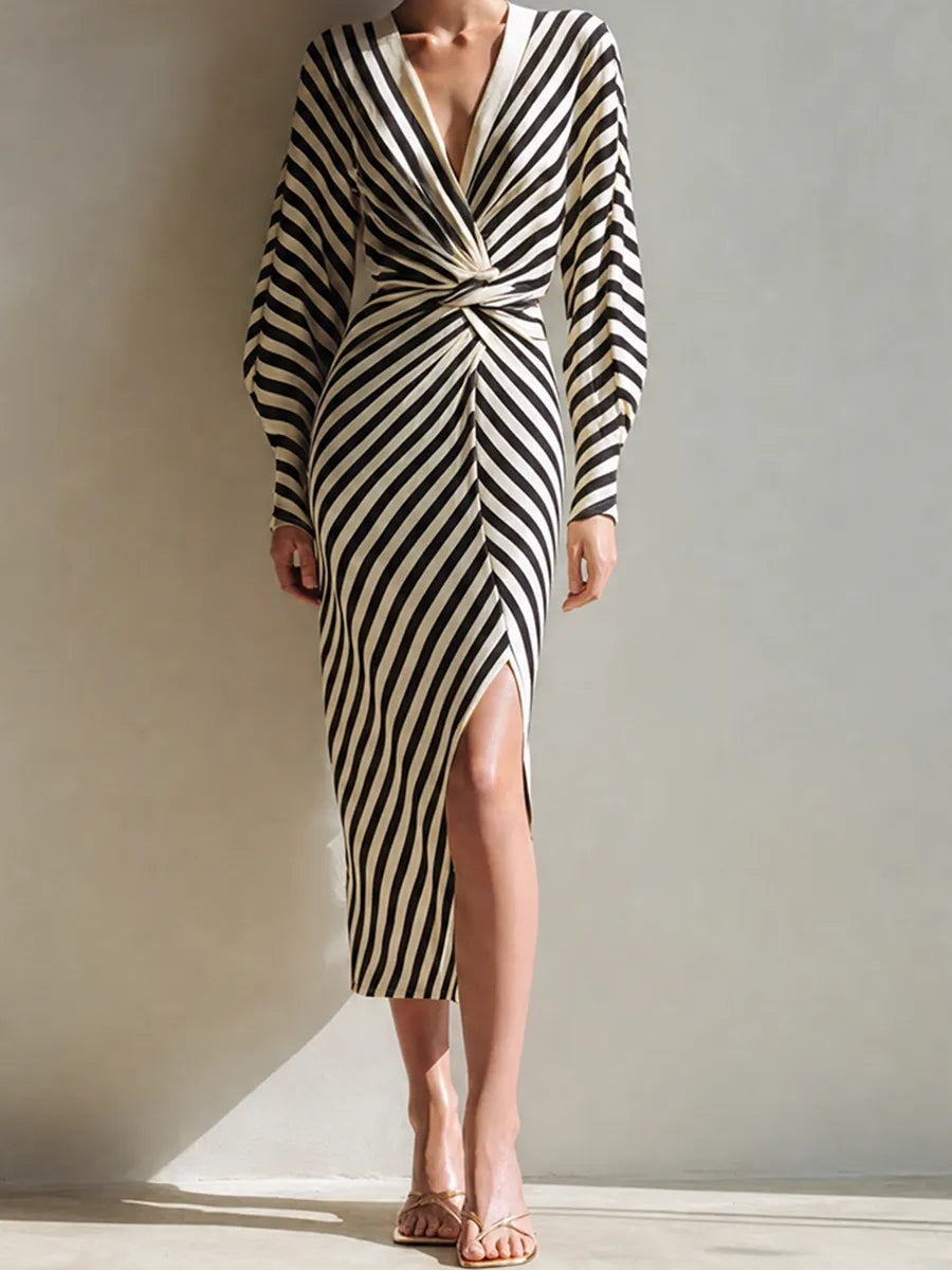 Women's Elegant Modern Black-and-White Striped Deep-V Twist-Front Bishop-Sleeve Slit Fitted Midi Dress MDZ1348G6CMX