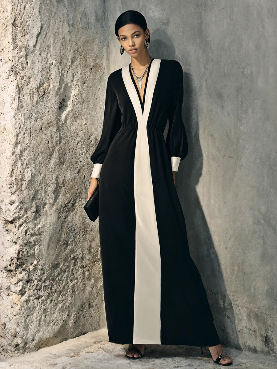 Women's Luxury Elegant Black White Cotton Blend Contrast Vertical Stripe Waisted Lantern Sleeve Maxi Dress MDZ1302G3GMJ