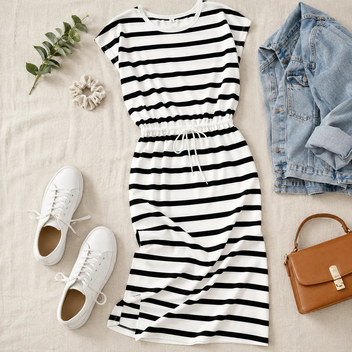 Sereva – Striped Drawstring Waist Midi Dress with Side Slit