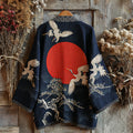 Retro Japanese Traditional Sashiko With Crane Art Print Cotton And Linen Blend Kimono Cardigan