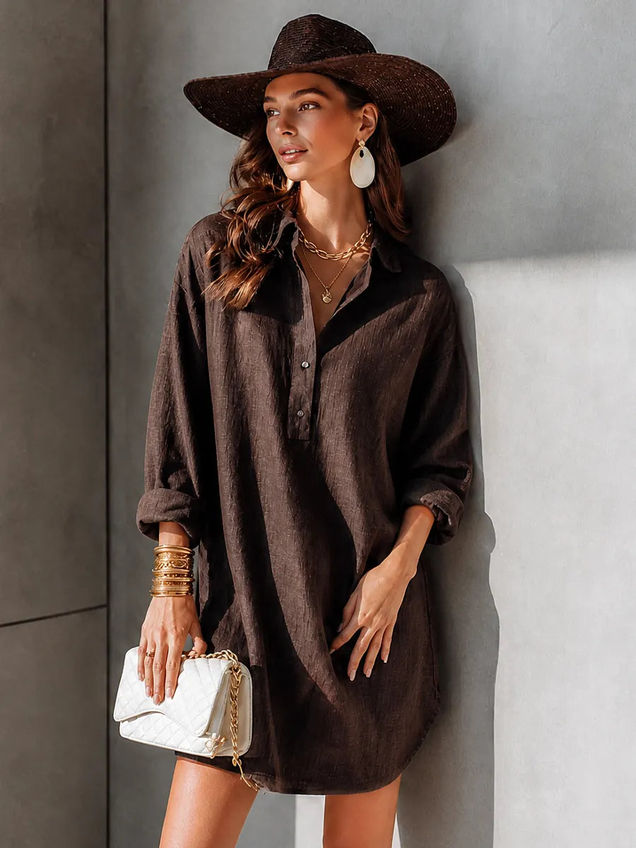 Women's Minimalist Dark Brown Cotton Linen Collared Half Open Placket Long Sleeve Short Shirt Dress MDZ0174G8GMJ