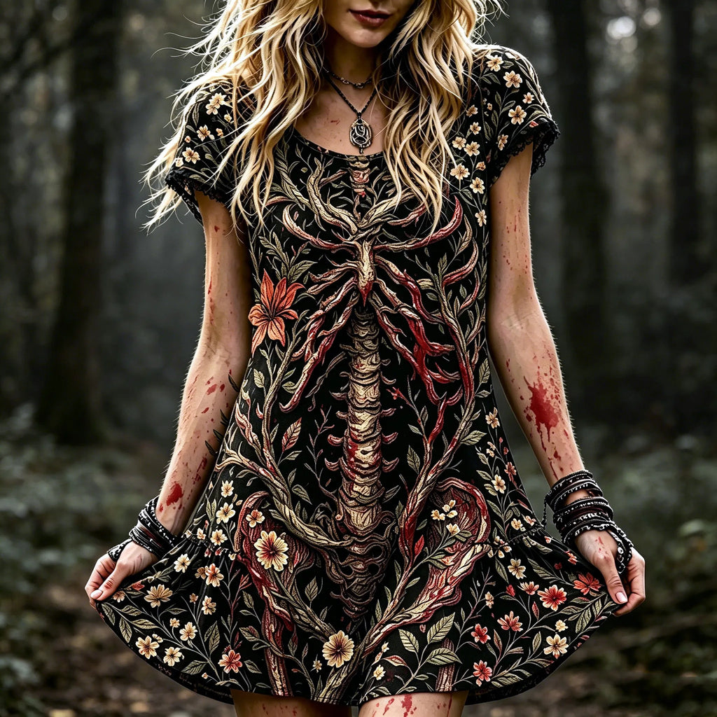 Women's Retro Halloween Style Bone And Floral Print Dress