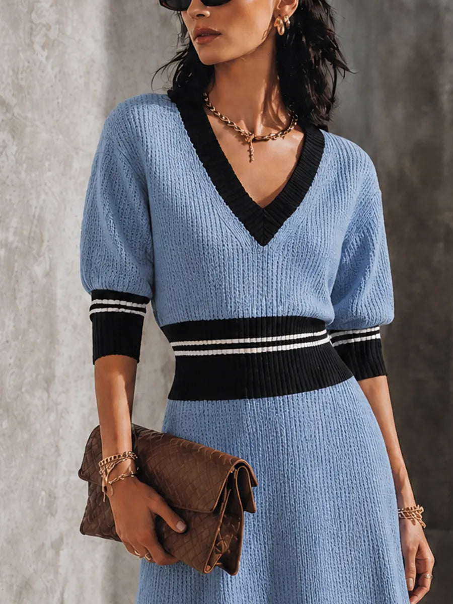 Women's Retro Elegant Powder Blue Knit Contrast Trim V-Neck Maxi Dress MDZ2106G8GMJ