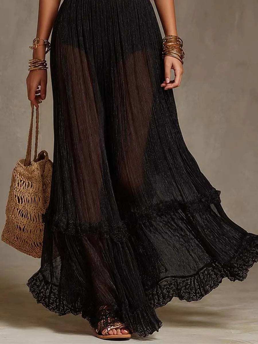 Vintage Bohemian Black Glitter Pleated Mesh Lace Waist Halter Wide Leg Jumpsuit
