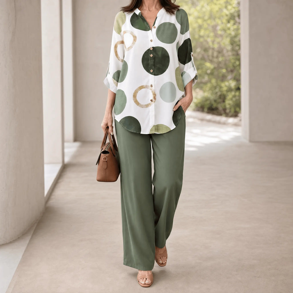 Monica – Women's Abstract Print 2-Piece Set, Blouse and Wide-Leg Trousers