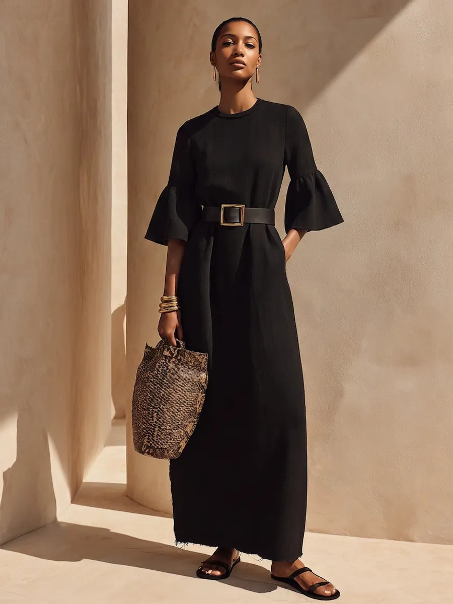 Women’s Black Crew Neck Flare Half Sleeve Raw Frayed Hem Midi Maxi Dress With Side Pockets MDZ0263G4YZJ