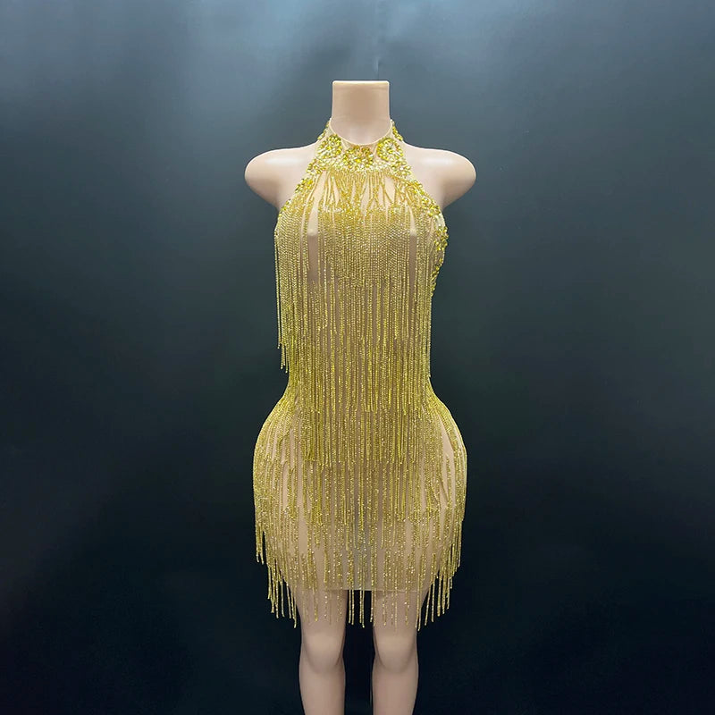 Trend4us Handmade Halter Backless Rhinestone Tassel Dance Dress