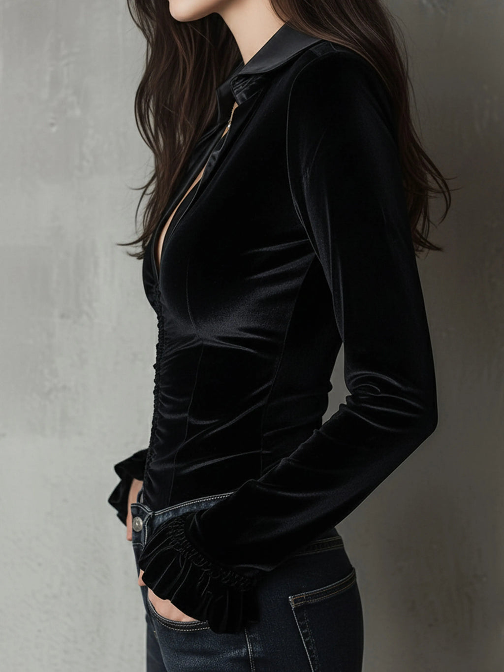 Chic Black Velvet Deep V Fitted Ruched Blouse With Satin Trim