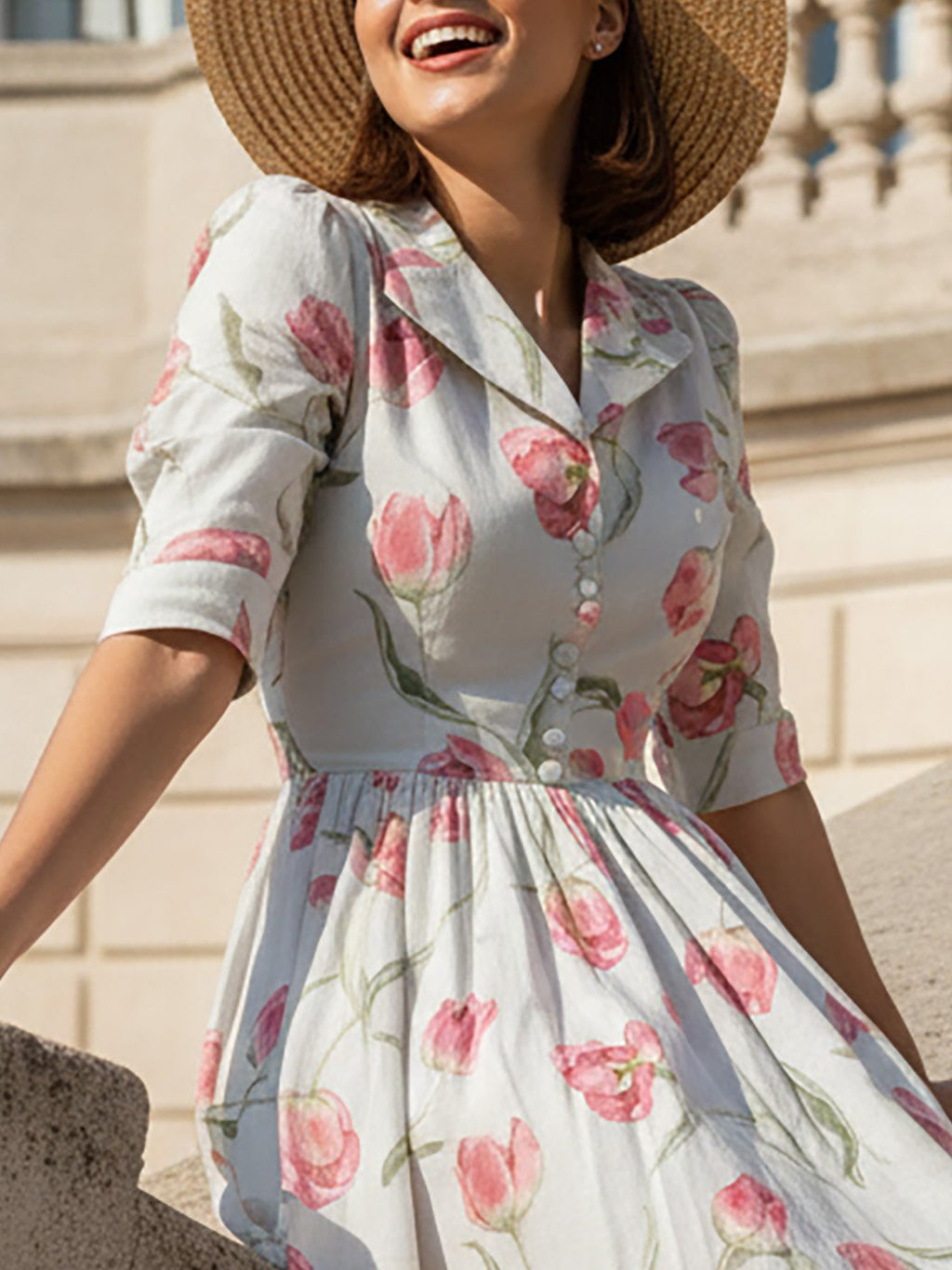 Midi Linen Dress, Short Sleeves, Shawl Collar, Floral, Button Design, Vintage, Blue