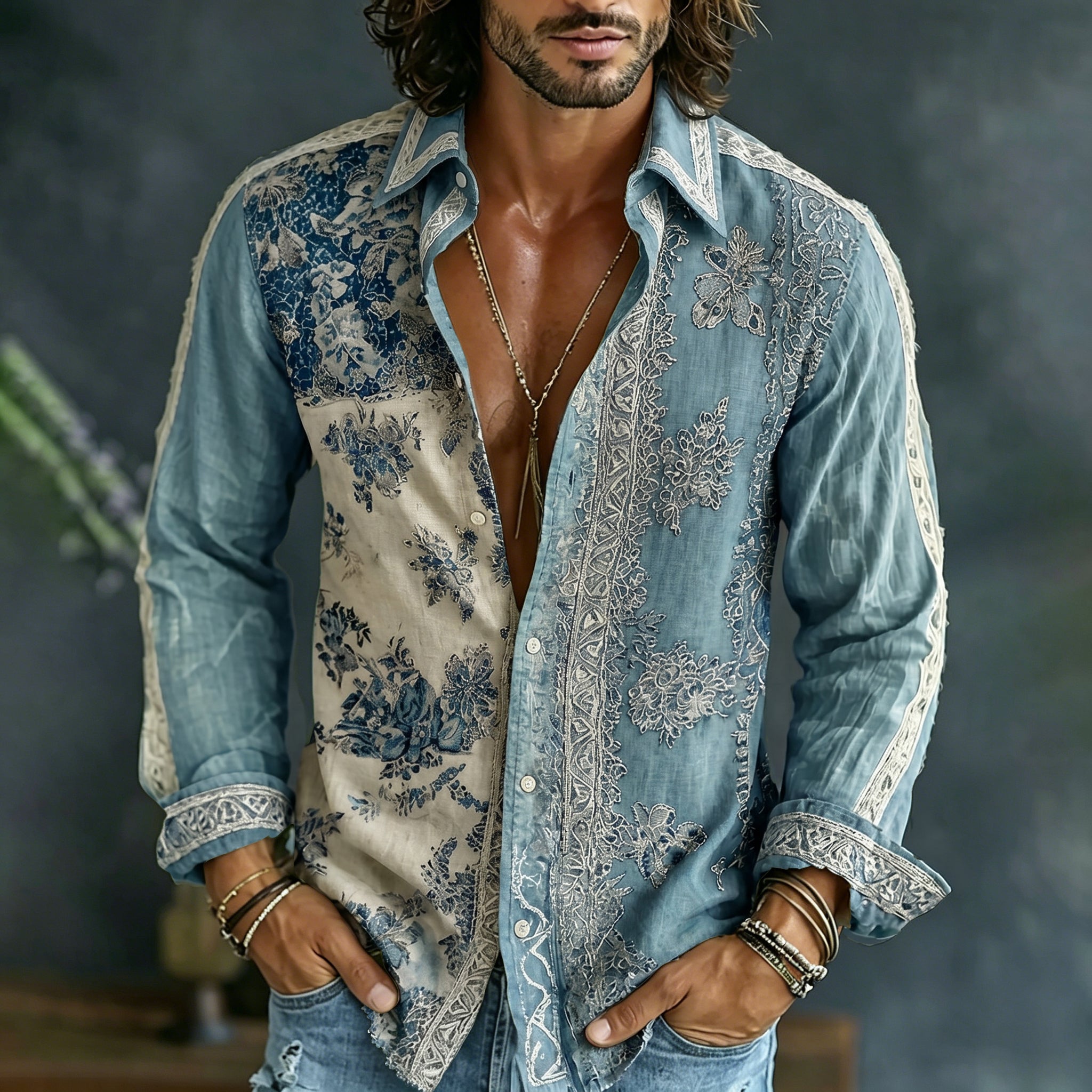 Men's Vintage Floral Art Flowy Linen Blend Shirt