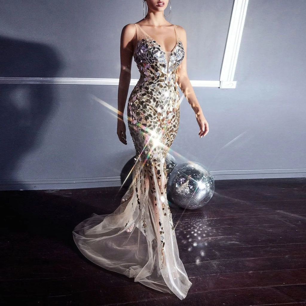 Acemysale Sexy mesh sequins decorated evening dress