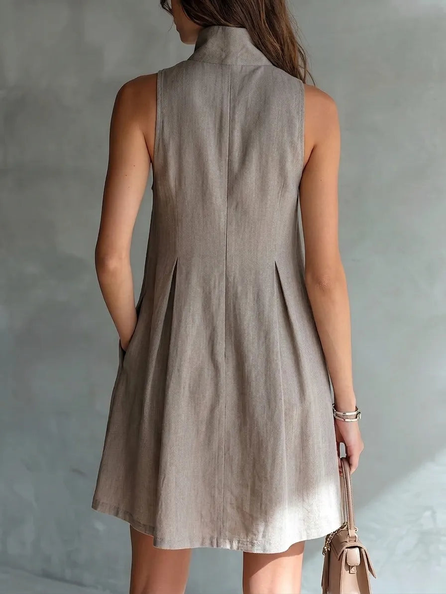 Grey Stand-up Collar Sleeveless Pleated Shirt A-line Mini Dress