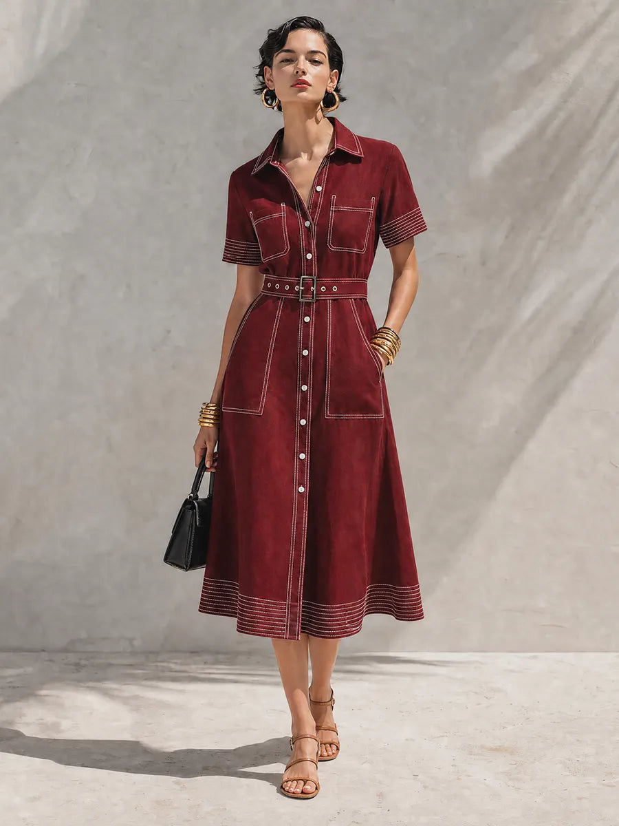 Women's Vintage Style Burgundy Cotton Blend Collared Short Sleeve Contrast Topstitch Belted Button-Front Midi Shirt Dress MDZ1453G7ZSQ