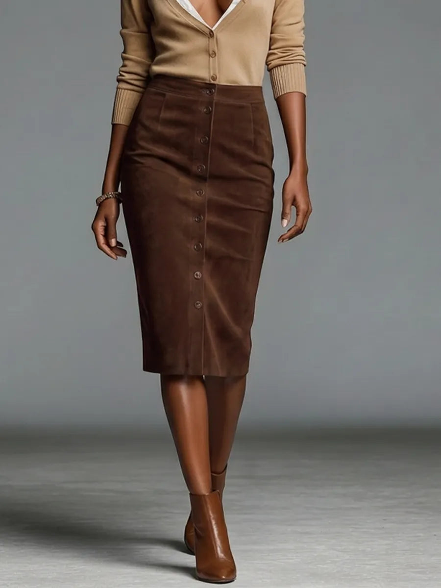 Women's Camel Knit & Brown Faux Suede Two-Piece Set With V Neck Button Cardigan & Front Button Midi Pencil Skirt, Retro Smart Casual Matching Outfit MDZ1371G2LYL