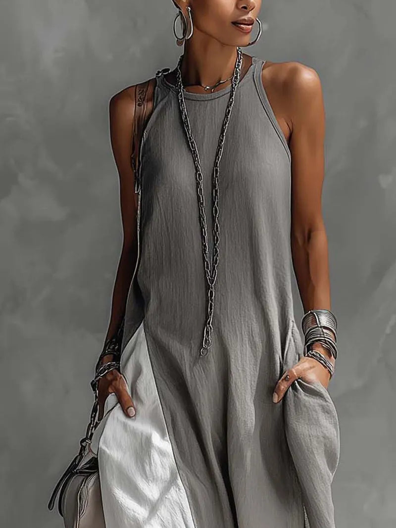 Color-blocked Gray Sleeveless Polyester Cotton Linen Maxi Dress