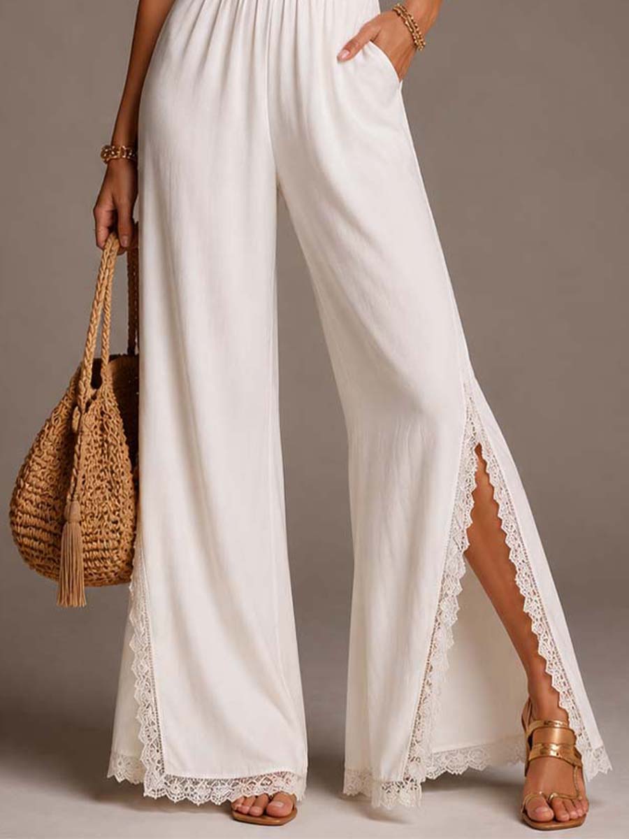 Vintage Boho Cotton Lace Trim Halter Split Wide Leg Jumpsuit
