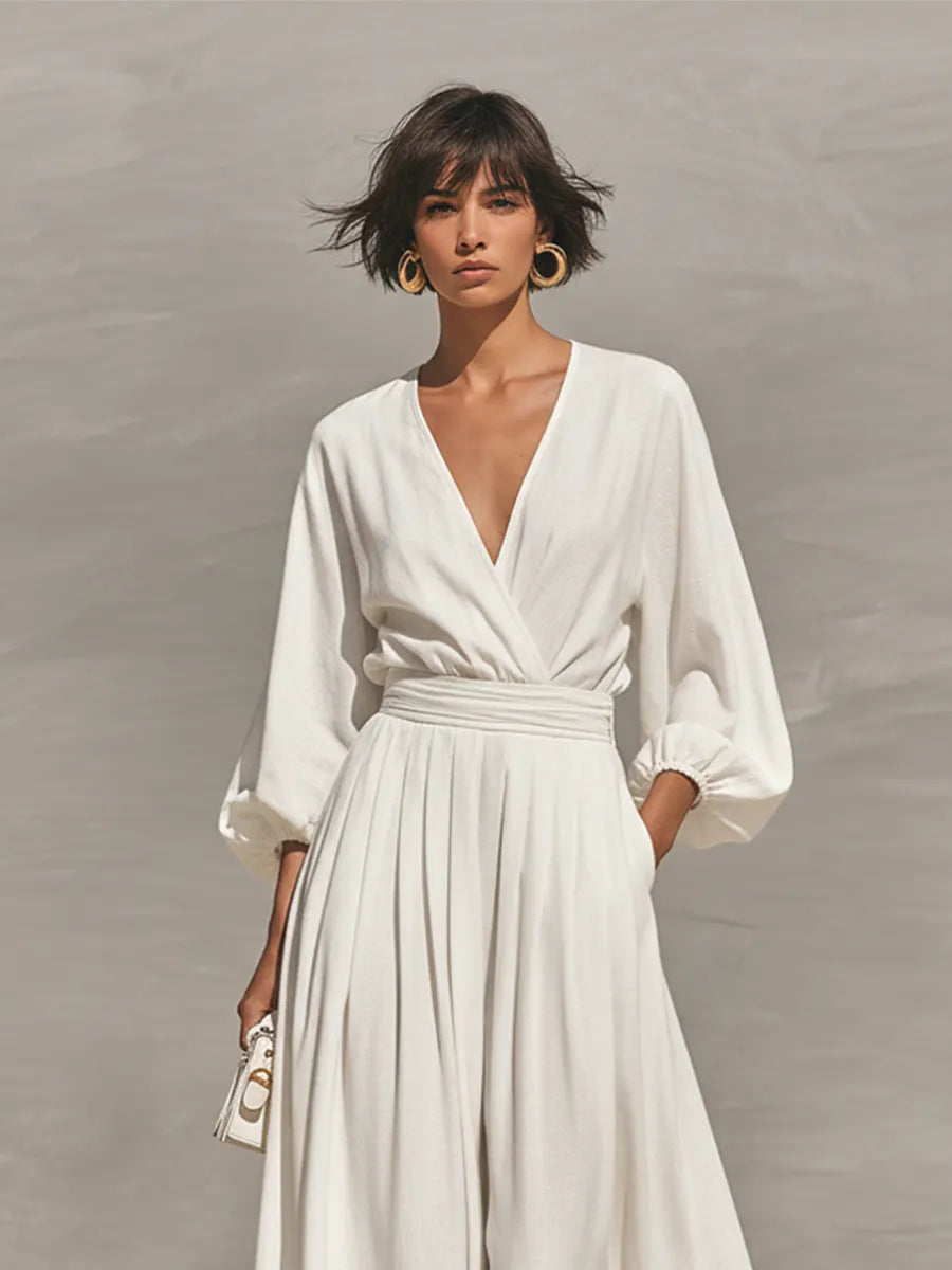 Women's White Linen Blend Wide Leg Jumpsuit With Wrap V Neck Puff Three Quarter Sleeves & High Waist Pleated Trousers, Minimalist Resort Floor Length Jumpsuit MDZ1611G6LYL