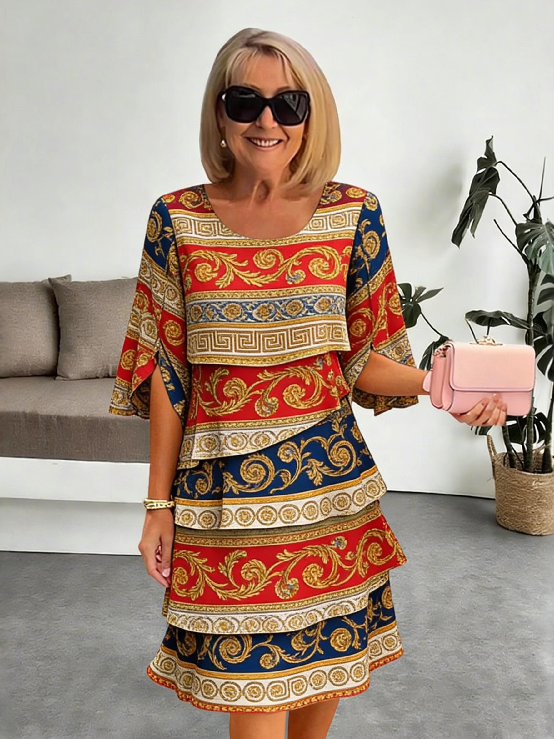 Chiffon Paisley Vacation Prints Color Round Neck Cake Skirt Splicing Dress Mid-length